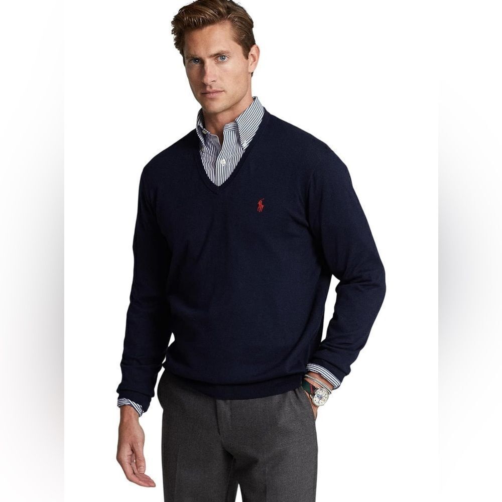 POLO RALPH LAUREN Men's Cotton V-Neck Sweater Navy NEW with tag XXL